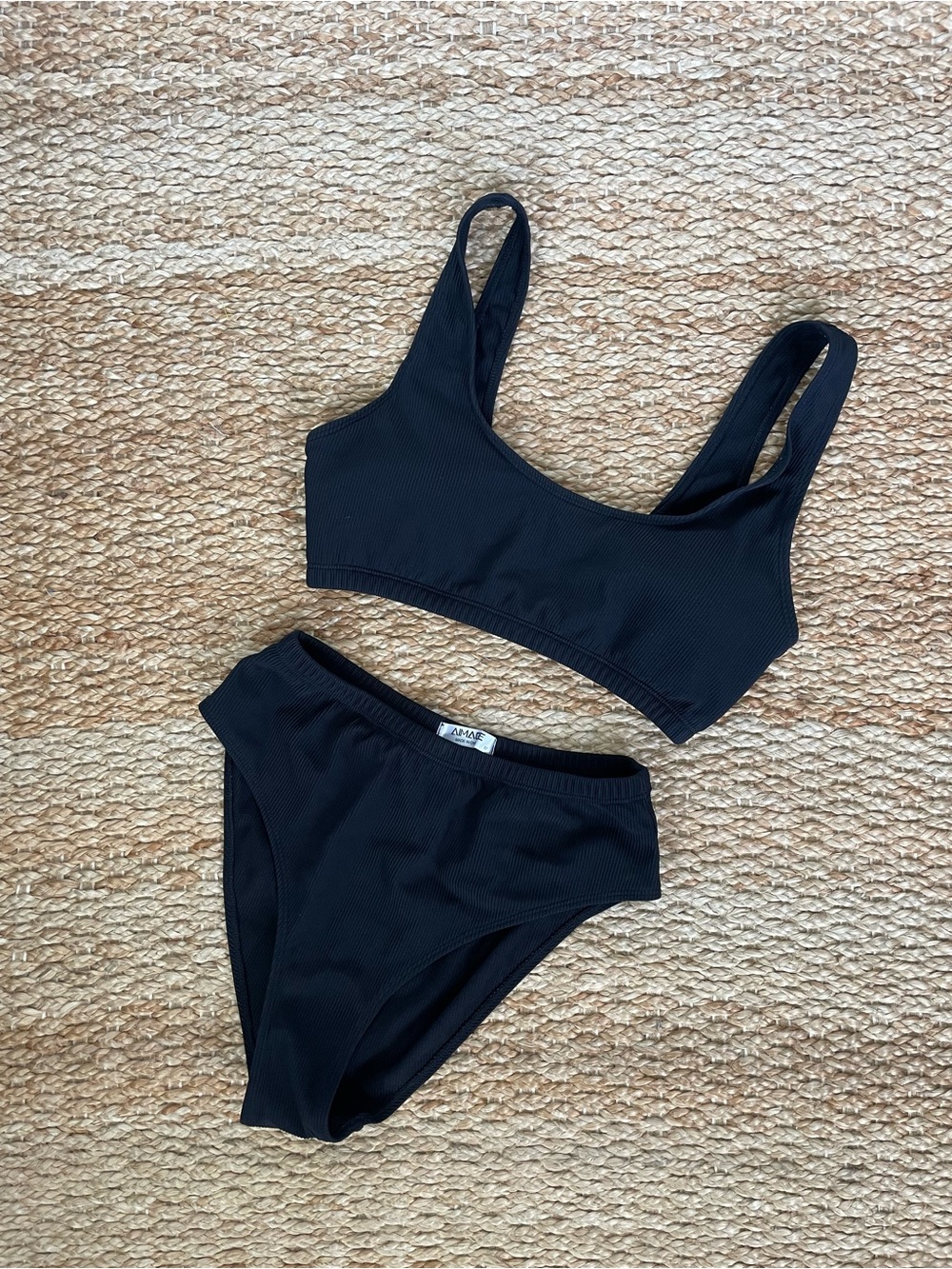 Black Ribbed Two Piece Bikini Set Minimalist Swimwear